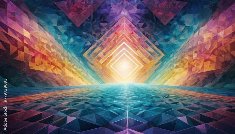Poster evoking a prismatic horizon, this digital creation uses geometric shapes and a warm spectrum to insp