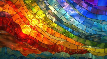 Captivating Stained Glass Rainbow Landscape with Clouds Vibrant Kaleidoscopic Digital Art Background