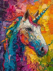 Unicorn in abstract, palette knife oil, with a spectrum of body colors, on a lively background, featuring colorful highlights and bold lighting