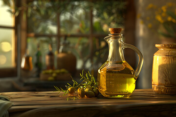 A golden bottle of extra virgin olive oil, representing quality and freshness, essential in Mediterranean cuisine