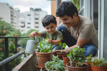 Father and son watering a plant on the balcony of their apartment