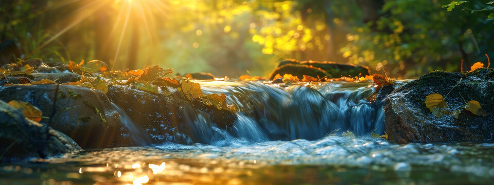 A stream of water flows through a forest, with sunlight shining on the water