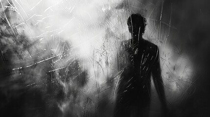 A shadowy blur of a menacing figure is depicted behind frosted glass, creating a sense of horror and mystery in a black and white picture with added noise and grain effects - obrazy, fototapety, plakaty