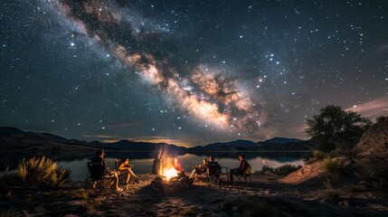 Astrophotography enthusiasts BBQing under a luminous night sky - obrazy, fototapety, plakaty