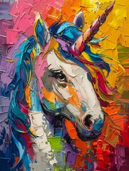 Unicorn in abstract, palette knife oil, with a spectrum of body colors, on a lively background, featuring colorful highlights and bold lighting