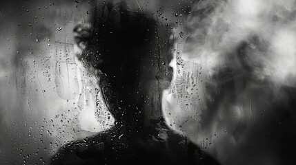 A shadowy blur of a menacing figure is depicted behind frosted glass, creating a sense of horror and mystery in a black and white picture with added noise and grain effects - obrazy, fototapety, plakaty