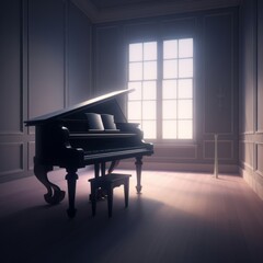 Creating a serene and harmonious scene of a piano being played in a dimly lit room 3d