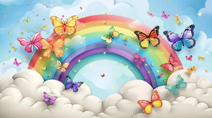 Enchanting Rainbow and Cloud Landscape with Graceful Butterflies Taking Flight