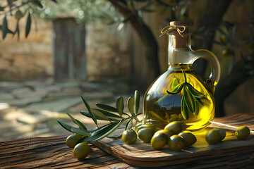 A golden bottle of extra virgin olive oil, representing quality and freshness, essential in Mediterranean cuisine.