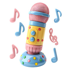 A vibrant 3D cartoon render featuring a colorful microphone and music notes.