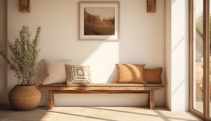Bright sunlit room interior with a wooden bench pillows plant and artwork on the wall