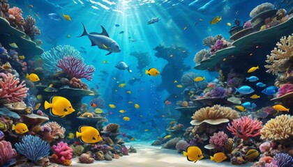 An underwater spectacle showcasing a vibrant coral reef teeming with life, including tropical fish and sunlight piercing through the water's surface.. AI Generation