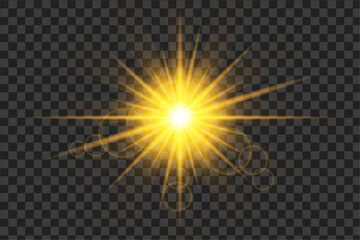 Realistic sun rays. Yellow starburst lighting and glow isolated on transparent background