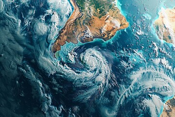 A detailed satellite image showing weather patterns over a continent