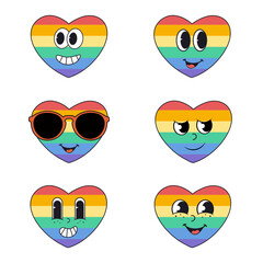 Retro groovy rainbow heart sticker pack.  Lgbtq community pride symbol