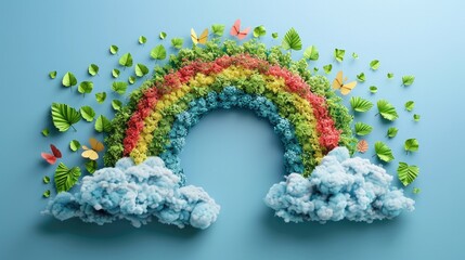 Vibrant Eco Friendly Rainbow with Lush Green Foliage and Fluffy Clouds for Sustainable Concept