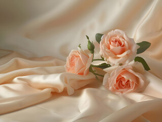 Obraz premium Silk-draped coral roses on beige - Ai Generated