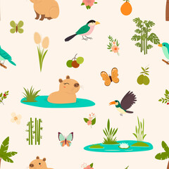 Cute seamless background with a variety of capybaras, butterflies, birds, mangoes, avocados. Great for fabrics, wrapping paper, covers and children's designs.