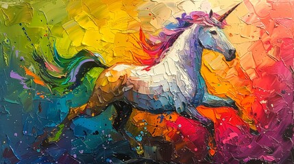 Obraz na płótnie Canvas Abstract oil unicorn, palette knife technique, body in rainbow hues, against a colorful backdrop with dramatic highlights and lighting