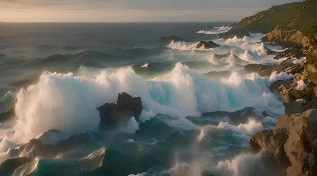 A large wave crashes against a rocky shore, its powerful spray reaching high into the air.