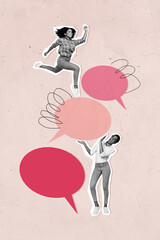 Vertical photo collage of happy american girls cloud bubble message communication dialogue pen...