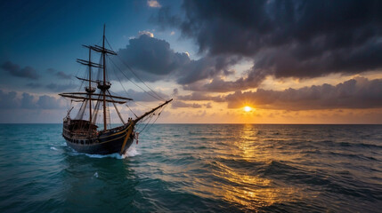 sailing ship at sunset - obrazy, fototapety, plakaty