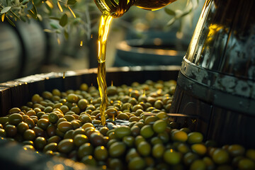 Traditional process of olive oil production, showcasing harvesting, pressing, and bottling stages, Mediterranean agriculture. - obrazy, fototapety, plakaty