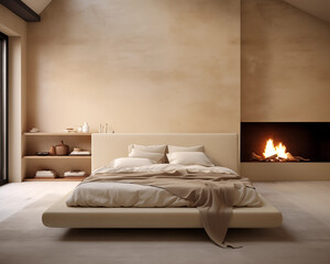 Modern bedroom interior design with fireplace 3d render