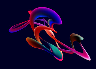 Abstract fluid 3D shapes. Colorful neon lines of spiral ribbons.