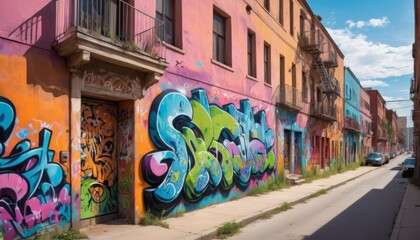 A vibrant mural of graffiti art colors the walls of a residential street, blending urban expression...