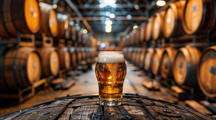 A glass of beer rests on an aged wooden barrel in a traditional brewery cellar. - obrazy, fototapety, plakaty
