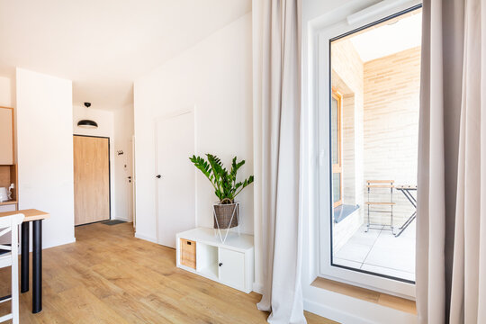 Bright and airy apartment interior with large window and plant