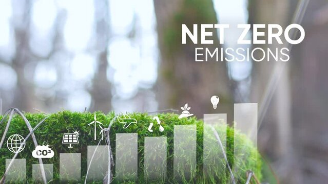 Net zero emission , carbon neutral concept. Net zero greenhouse gas emissions target. Climate neutral long term strategy 2050 with net zero digital growth chart and infographic on green nature backgro