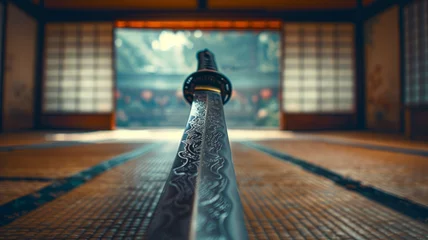 Poster Japanese katana on tatami floor. © SashaMagic
