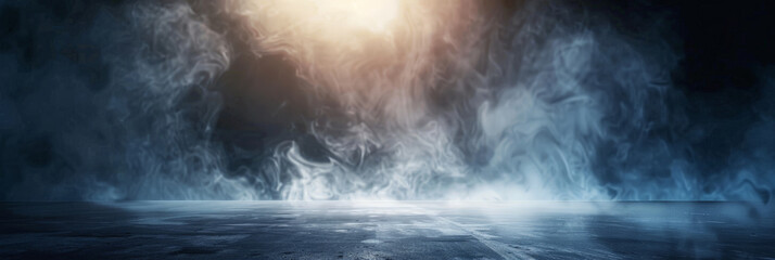 A dark, smokey background with a bright light shining through the smoke
