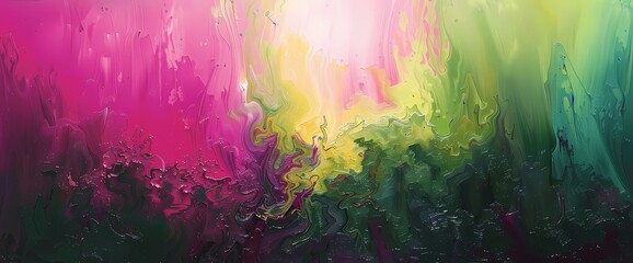 Vibrant magenta collides with lush greens, forming an abstract landscape of chromatic ecstasy.