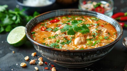 Steaming Bowl of Aromatic Thai Rice Soup with Fresh Garnishes and Vibrant Flavors