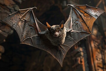 A close up view of a bat in flight, showcasing its wings outstretched as it navigates through the air