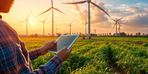 Man holding a tablet in a field with wind turbines in the background - obrazy, fototapety, plakaty