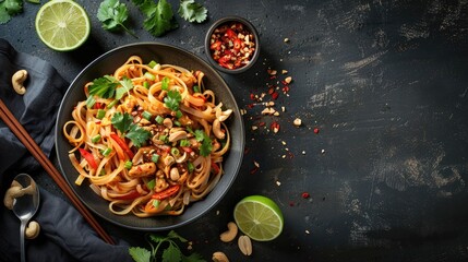 Flavourful Thai Stir Fried Noodle Dish with Vibrant Toppings on Rustic Plate - obrazy, fototapety, plakaty