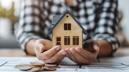 woman hands holding a small model house, representing income from real estate investments