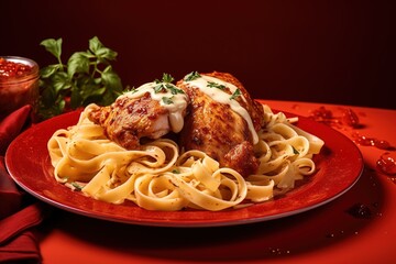 Fototapeta premium Grilled chicken with mayonnaise and noodles