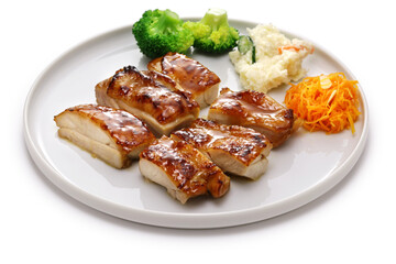 Authentic Japanese teriyaki chicken isolated on a white background.