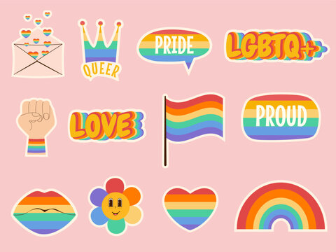 LGBTQ sticker set. Retro groovy pride month element in rainbow color collection