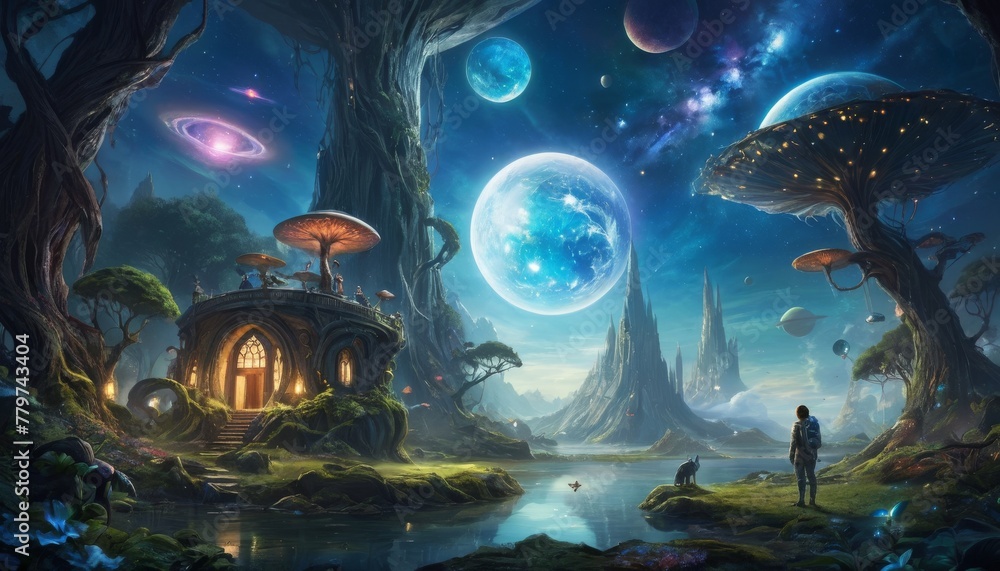 Poster a mystical forest with bioluminescent trees and fantastical structures overlooks a pond reflecting a