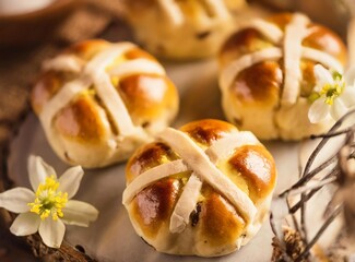 Overhead view of traditional easter hot cross buns, an easter snack