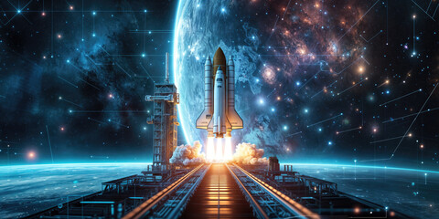 A space shuttle launches from a futuristic platform with a cosmic backdrop.