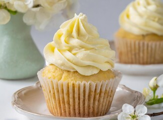Tasty cupcake with vanilla cream on white table, isolated