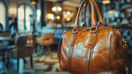 A brown leather handbag in a café setting. - obrazy, fototapety, plakaty