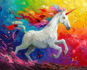 Obraz na płótnie Canvas Abstract unicorn painting, colorful body, oil with palette knife, on a vibrant background, with radiant highlights and dramatic lighting